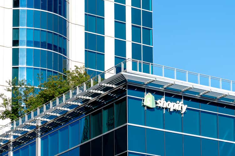 Shopify sign on their headquarters building in Ottawa, Ontario, Canada