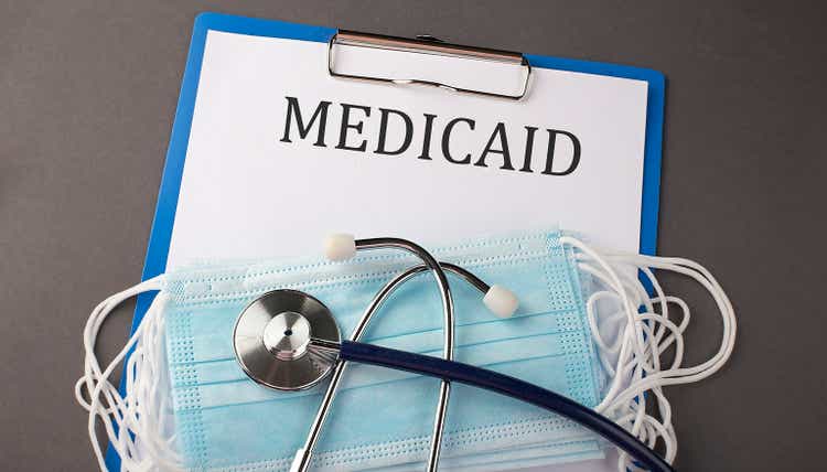 Folder with paper text MEDICAID , on a table with a stethoscope and medical masks, medical concept.