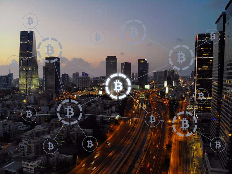 Bitcoin cryptocurrency betalingssysteem netwerk moderne stad toekomstige technologie