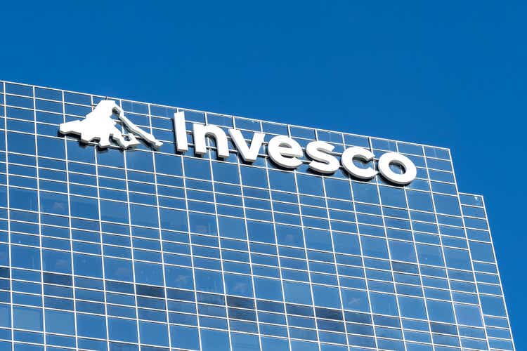 Invesco sign is seen on their Canadian Head Office building in Toronto.