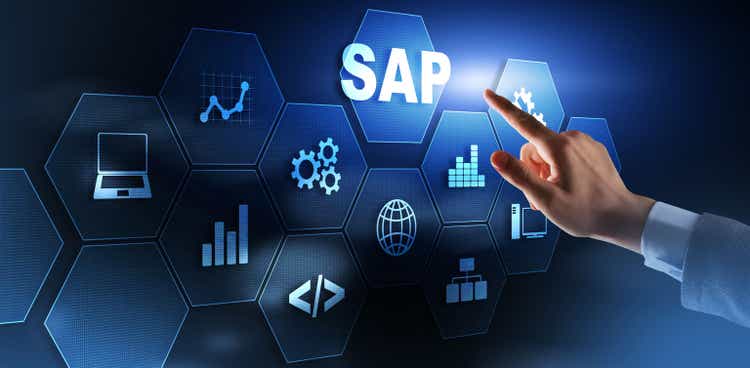 SAP System Software Automation concept. Businessman presses virtual button SAP