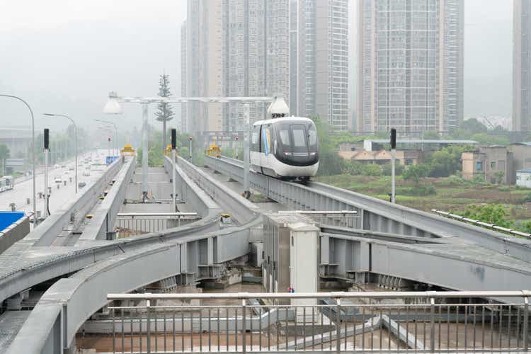 Chinese newly made self-driving unmanned light rail named as skyshuttle operated for the first time with advanced BYD battery power technology.