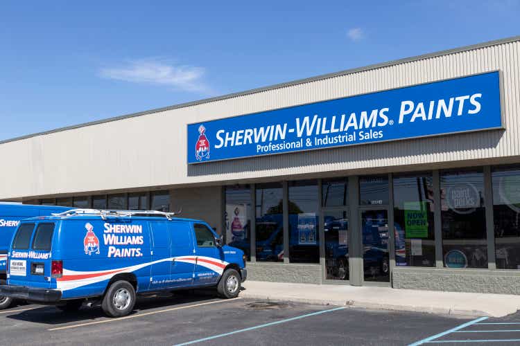 Sherwin-Williams retail paint and coating store. Sherwin Williams is listed on the NYSE as SHW.
