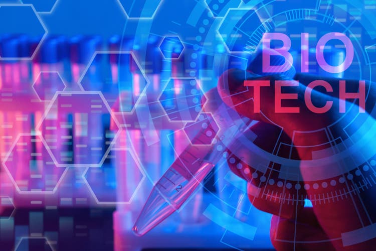 biotechnology concept, medical, genetic, chemistry science laboratory research, hand in glove holding test tube in red blue background