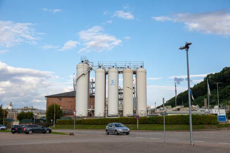 Chemical factory of Belgian company Solvay. Solvay is a Belgian chemical company, one of largest in Europe and world. Bad Wimpfen, Germany - August 15, 2019.