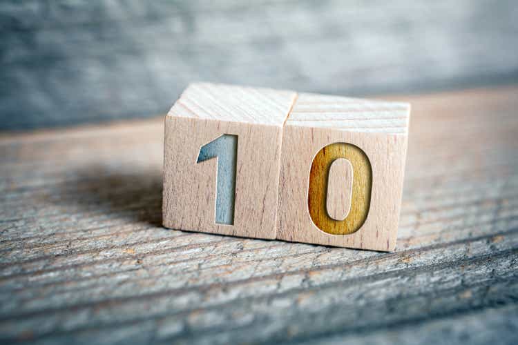 Number 10 Formed By Wooden Blocks On A Board