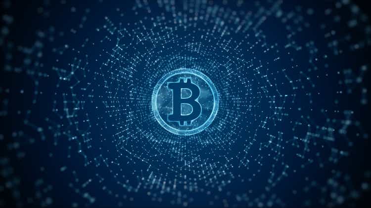 Digital Bitcoin Cryptocurrency, Digital Money Exchange, Backend Blockchain Technology Communication com o conceito de linha e pontos.  Visualização 3D