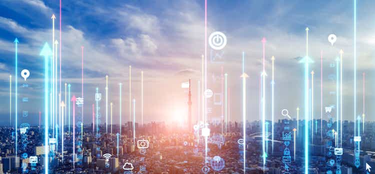 Modern city and rising arrow symbols. Economy growth.