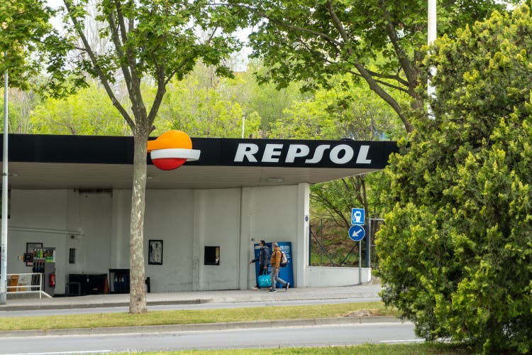 Logo and facade of Repsol, Spanish multinational energy and petrochemical company