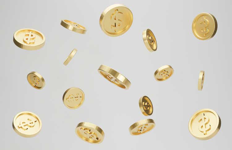 Explosion of gold coins with dollar sign on white background.