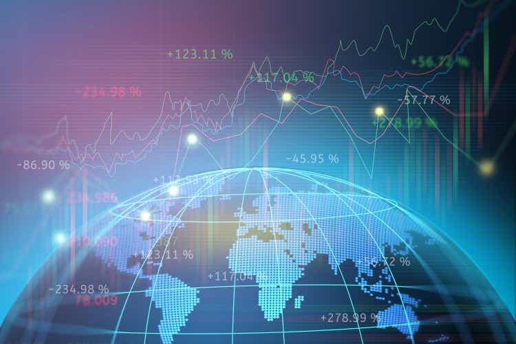 Stock market or forex trading graph with map world representing the global network line wire frame data business concept