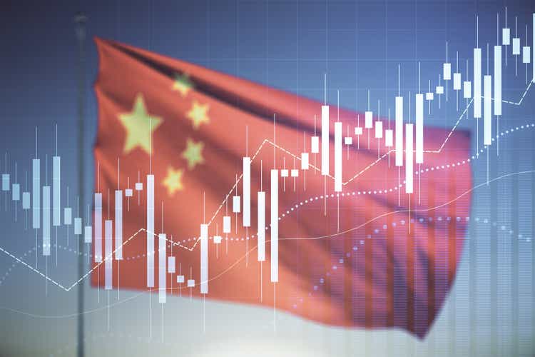 Multi exposure of virtual creative financial chart hologram on Chinese flag and blue sky background, research and analytics concept