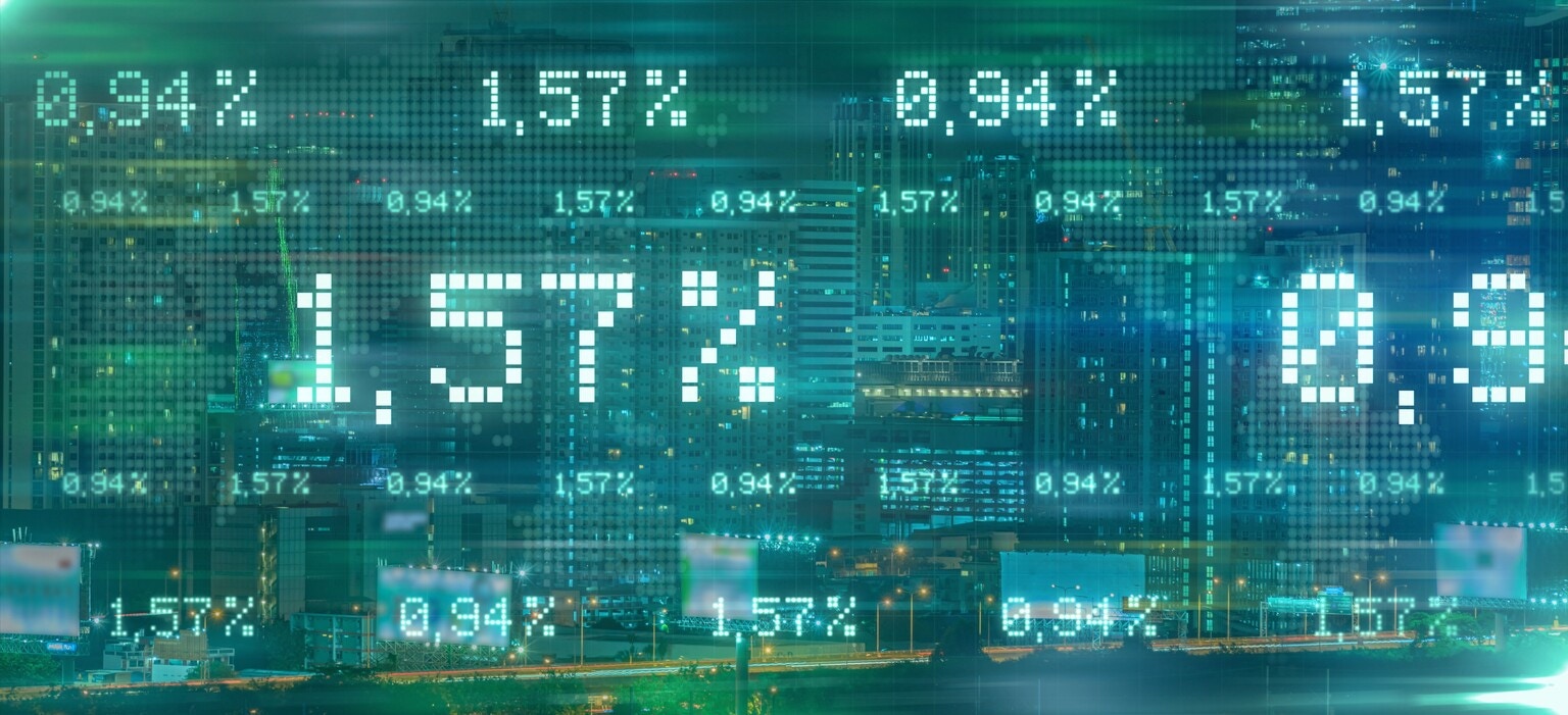 City building view with stock exchange data, business financial investment concept.