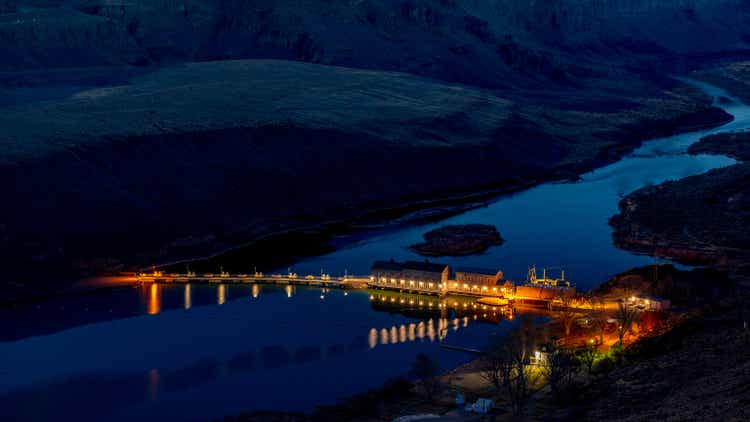 Aerial view of Swan Falls Dam at night on the Snake River Idaho