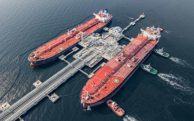 Aerial view of oil tankers in port