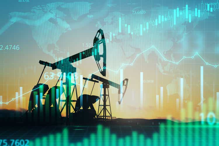 Oil industry quotes changes concept with stock market chart graphs screen on oil pump silhouettes. Double exposure.