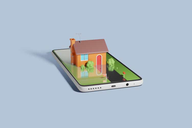 A stylized cartoon house for sale rising up from a mobile phone. Concept of modern real estate. Buying and selling home online.