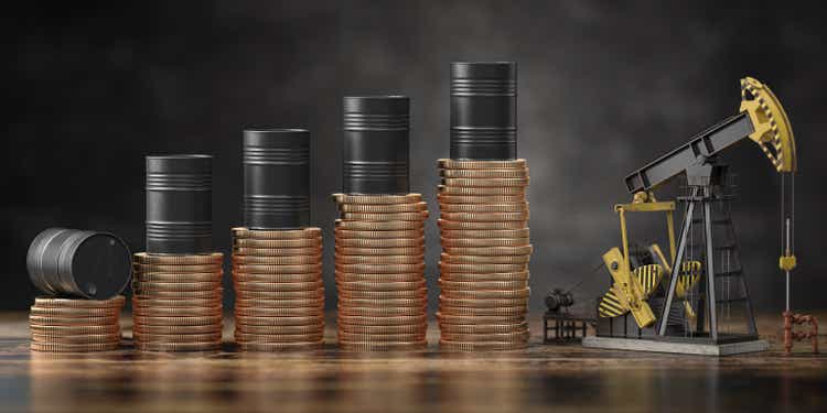 Oil barrels on stack of golden coins and oil pump jack. Growth rise of oil stock prices and growth of extraction concept.