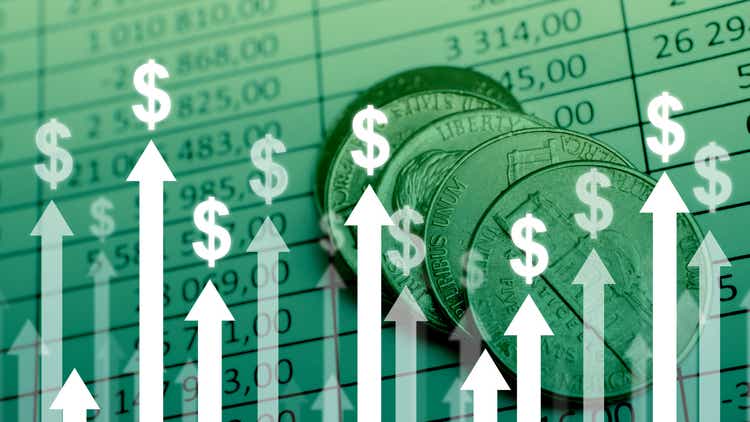 Dollar currency growth concept with upward arrows on background of charts and coins