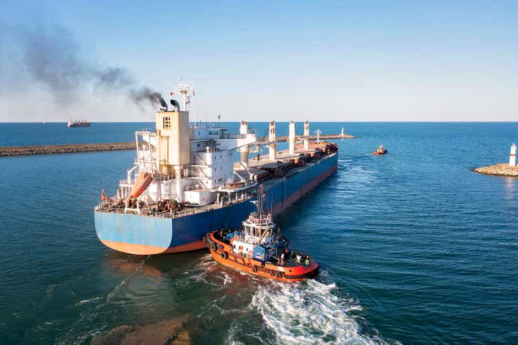 Aerial view of Large Cargo Ship Vessel in transit.