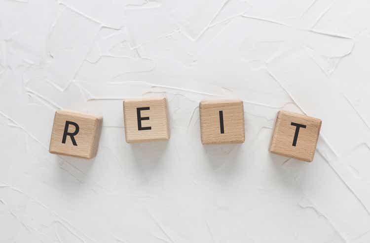 Text REIT made of wood cubes on white textured putty background. Abbreviation from "Real estate investment trust". Business concept. Square wood blocks. Top view, flat lay.