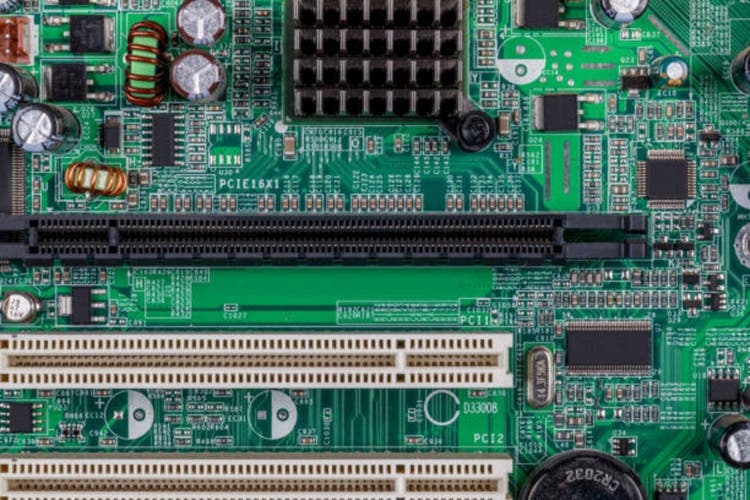 Section of a computer circuit board photographed close up, United Kingdom