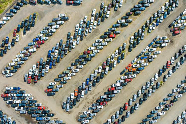 Auction lot on car distributed in used cars terminal parked