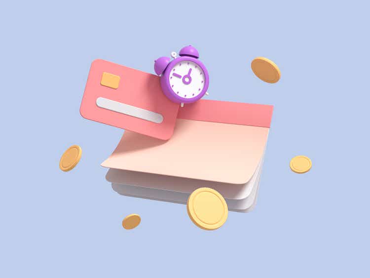 Flying calendar, checkbook, with coins, alarm clock and credit card on blue isolated background symbolizing quick loan. Fast money concept. 3d render