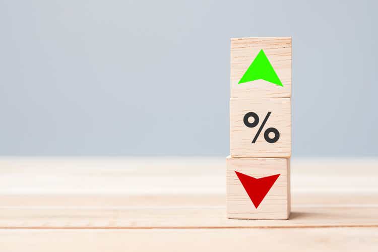 percentage up icon UP and Down arrow icon on the board.  Interest rates, stocks, finance, ratings, mortgage rates and Stop Loss concept