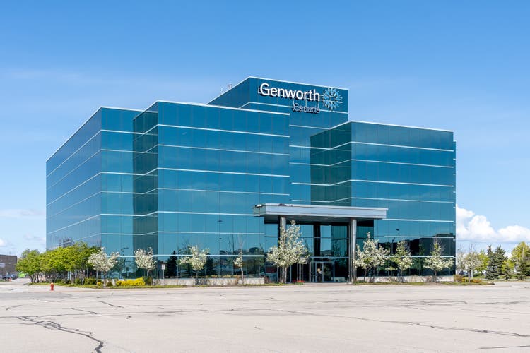 Oakville, Ontario, Canada - May 8, 2021: Genworth Canada office building in Oakville, Ontario, Canada. Genworth Financial is an S and P 400 insurance company.