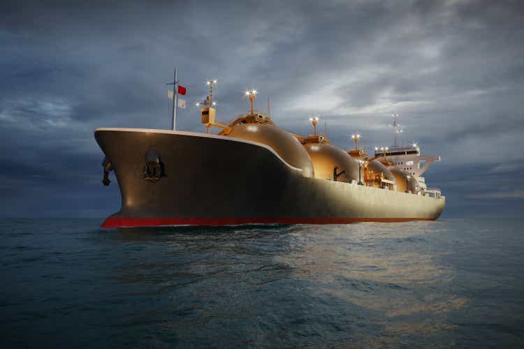 3D rendering of LNG tanker sailing in sea at night