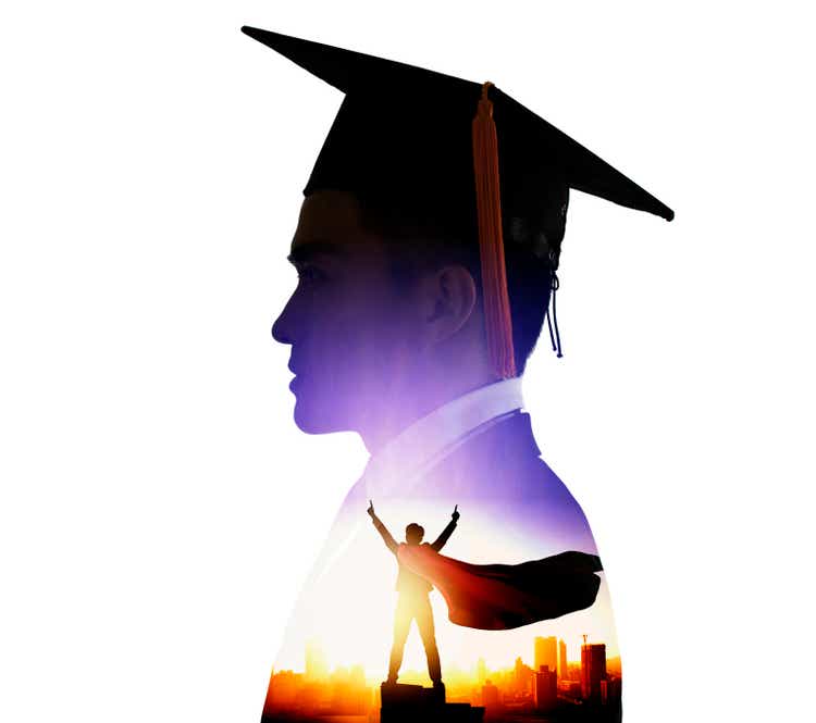 side view of young male graduation with knowledge is power concepts. double exposure