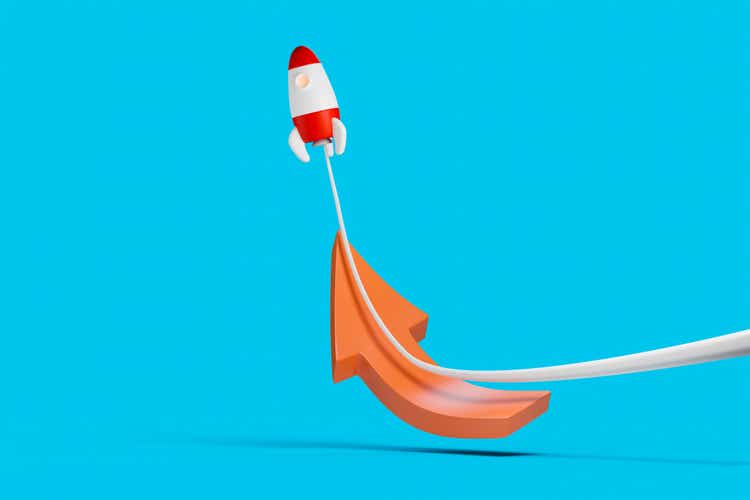 Cartoon 3D rocket upswing from a red arrow. Business turnaround concept.
