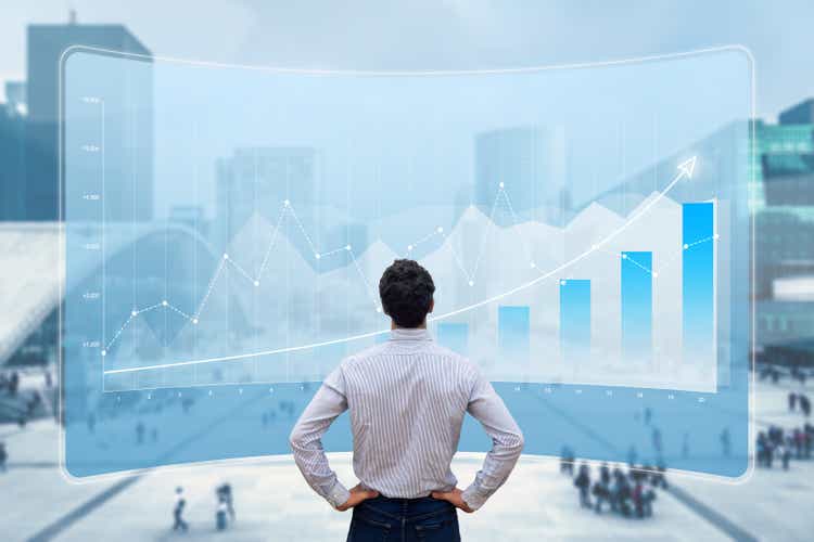 project portfolio health check Financial data showing growing revenue and successful business strategy. Finance analyst or executive manager analyzing profit on chart report with city background.