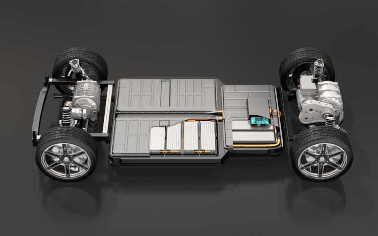 Cutaway view of Electric Vehicle Chassis with battery pack on black background