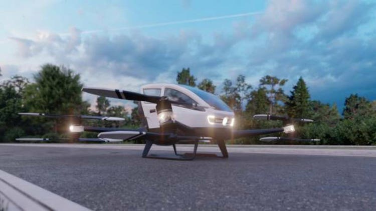 In the early morning, a high-tech air taxi departs for its destination. View of an unmanned aerial passenger vehicle. 3D Rendering.