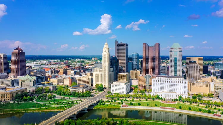 Aerial view of Downtown Columbus Ohio with Scioto river