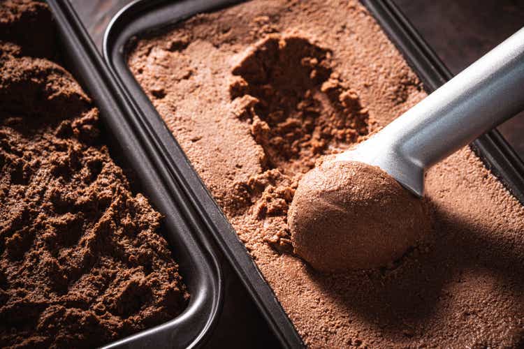 Chocolate ice cream scoop ball serving ice-cream macro close-up