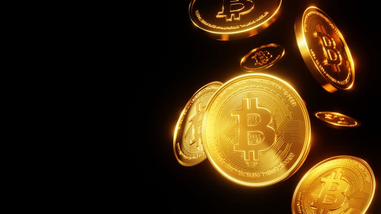 3D Render, Golden coins digital currency, Bitcoin, BTC, Cryptocurrency coins background, Stock market with copy space