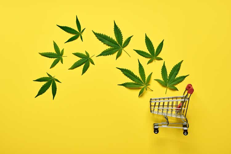 Shopping trolley and leaves of marijuana on yellow background. Legal cannabis concept