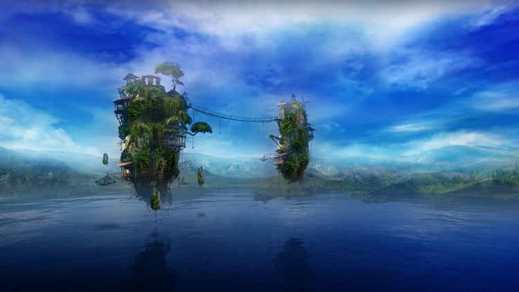Fantastic landscape with a lake and flying islands, 3D render.