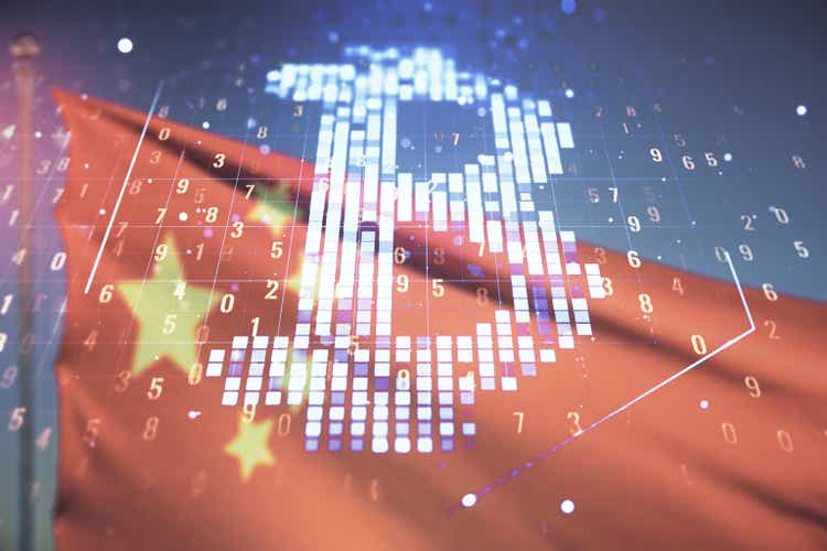 Virtual Bitcoin sketch on Chinese flag and blue sky background. Double exposure