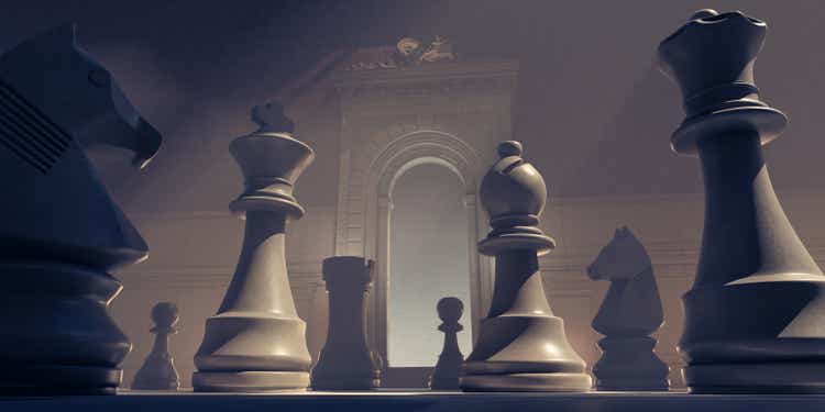 Huge Chess Pieces Within An Ornate Old Building