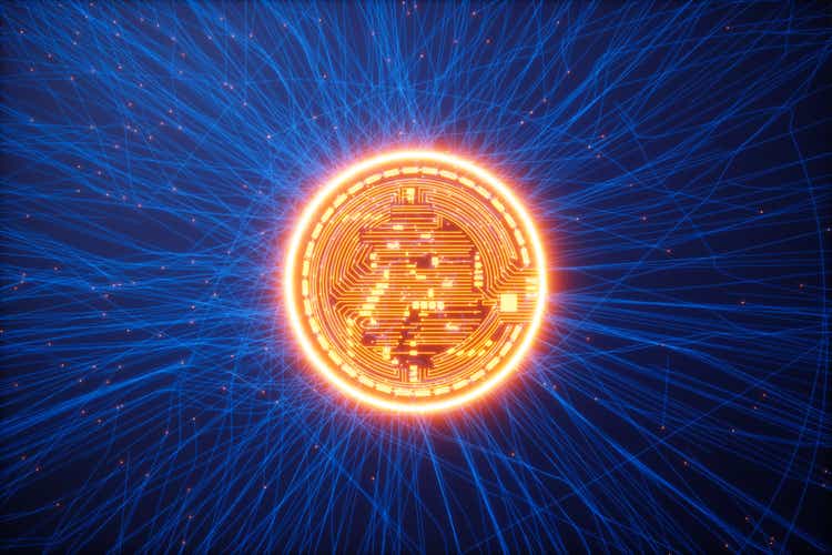 Glowing Bitcoin On Blue Background With Plexus And Red Connection Dots