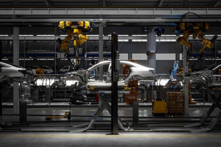 3d render of a car on robotic welding line