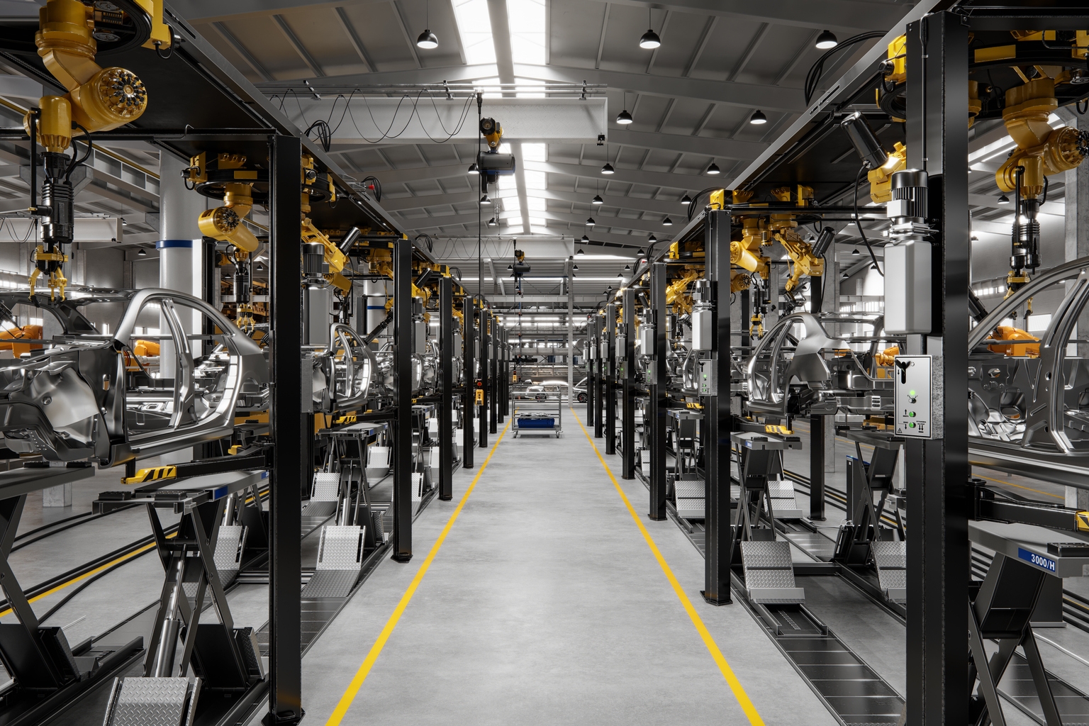 Interior of a vehicle manufacturing factory in 3d render