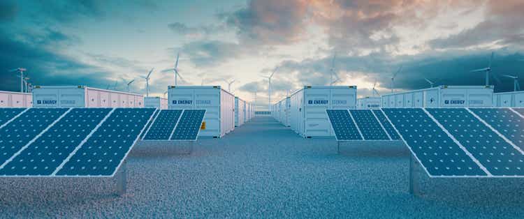 Battery storage power station accompanied by solar and wind turbine power plants. 3d rendering.