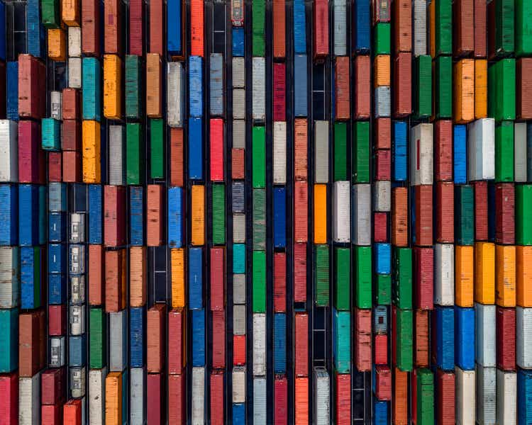 Aerial shot directly above multi coloured shipping crates, France