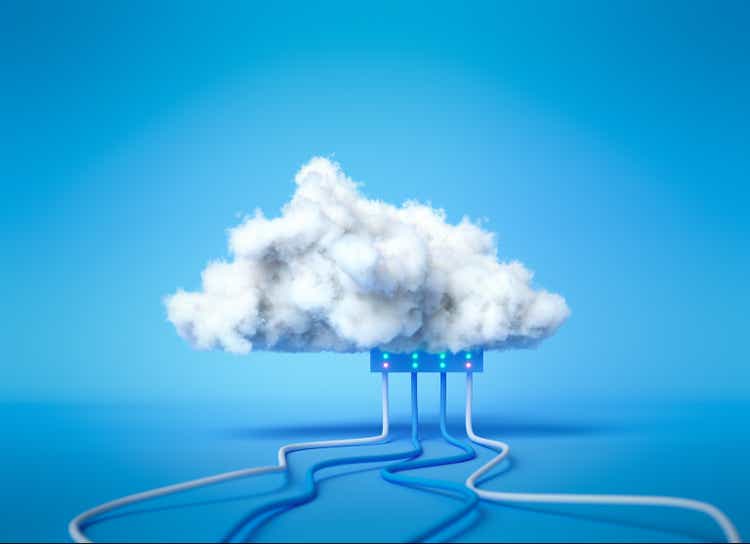 3D render Cloud computing service, cloud data storage technology hosting concept. white cloud with cables on blue background. 3d illustration.
