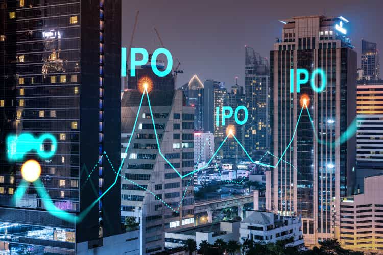 Initial public offering hologram, night panoramic city view of Bangkok. The financial center for multinational corporations in Asia. The concept of boosting the growth by IPO process. Double exposure.